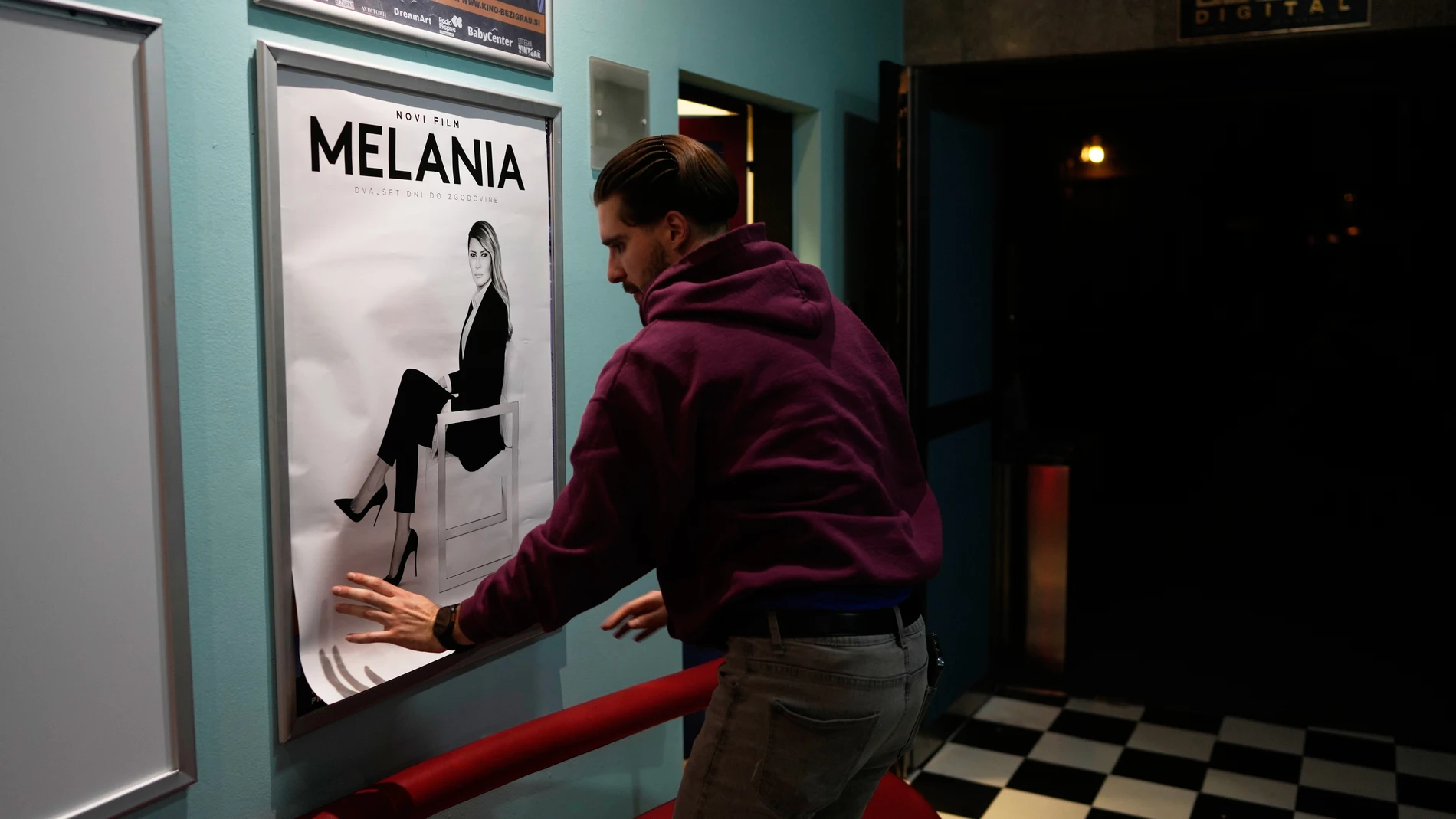 A movie theater puts up a poster for the screening of a documentary about Melania Trump, in Ljubljana, Slovenia, Friday, Jan. 30, 2026. (AP Photo/Darko Bandic)