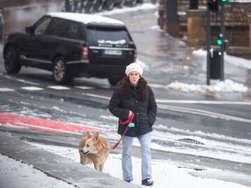 SORIA, 04/02/2026.-Una mujer pasea junto a su perro por una calle nevada de Soria, este mi&eacute;rcoles. La borrasca Leonardo que afecta a gran parte del pa&iacute;s mantiene cortadas por inundaciones y desprendimientos 38 carreteras secundarias, la mayor parte de ellas en Andaluc&iacute;a, mientras que otras 73 v&iacute;as est&aacute;n afectadas por la nieve, 11 de ellas de la red principal. EFE/Wifredo Garc&iacute;a. 