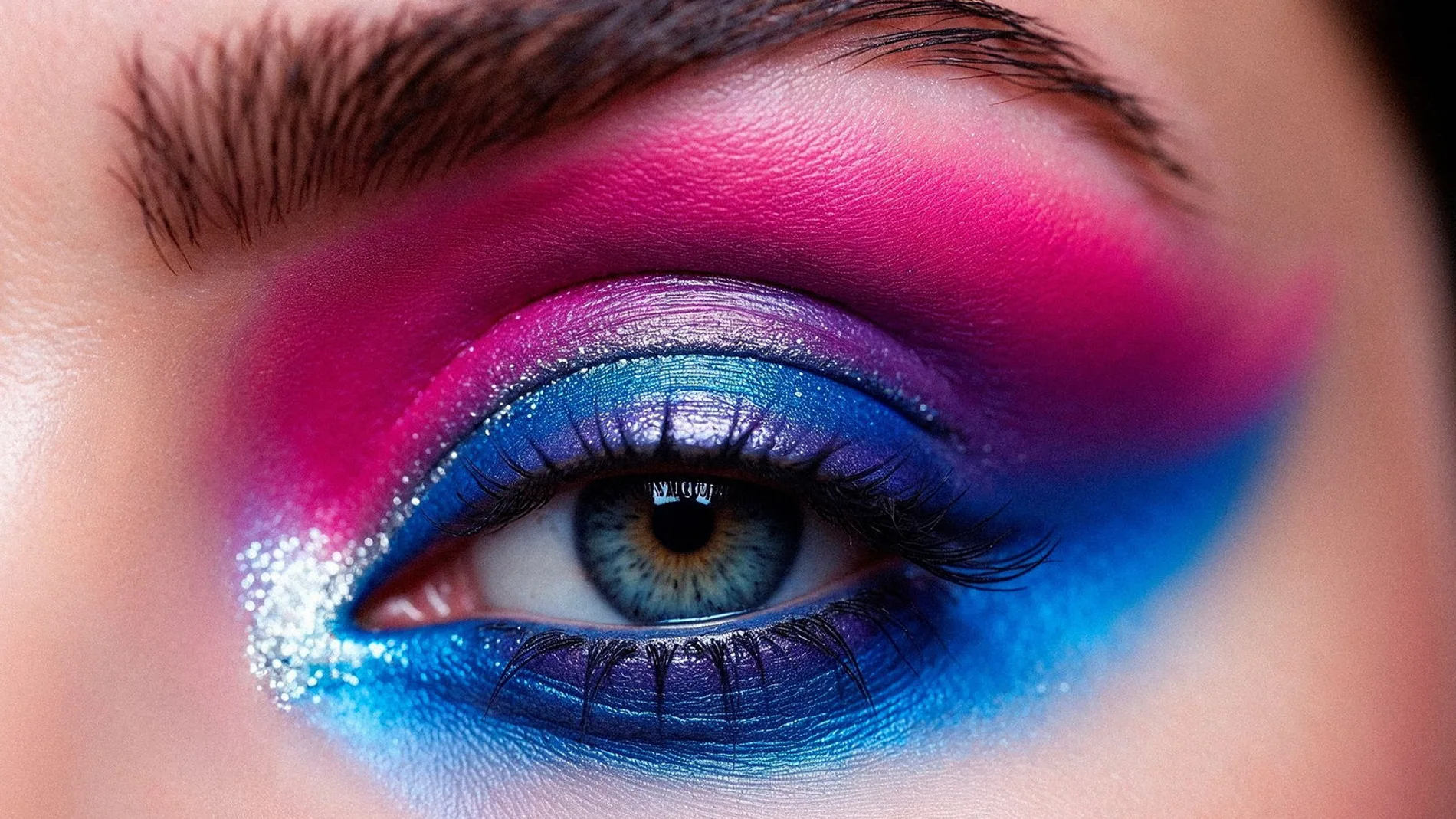 el maquillaje vibrante de los ojos con tonos azules rosados y purpuras