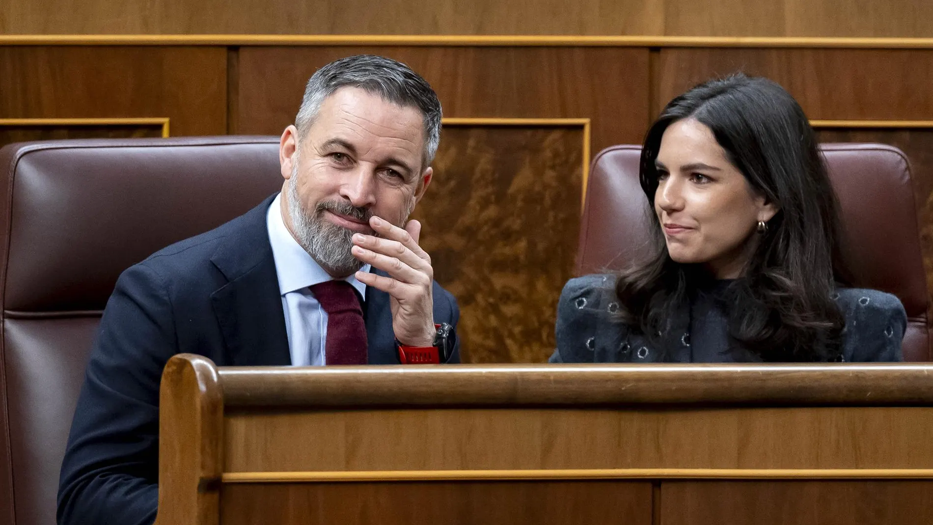 El líder de Vox, Santiago Abascal, junto con la diputada en el Congreso, Pepa Millán, durante una sesión en la Cámara Baja