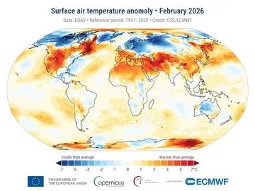 Febrero de 2026 fue el quinto mes más cálido registrado, con 1,49ºC más de media, según Copernicus Febrero de 2026 fue el quinto mes más cálido registrado, con 1,49ºC de cambio climático, según Copernicus. REMITIDA / HANDOUT por SERVICIO DE CAMBIO CLIMÁTICO DE COPERNICUS/CEPMMP Fotografía remitida a medios de comunicación exclusivamente para ilustrar la noticia a la que hace referencia la imagen, y citando la procedencia de la imagen en la firma 09/03/2026