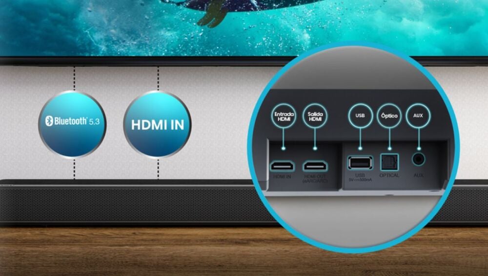 La barra se conecta por Bluetooth 5.3, sin cables molestos, y con 7 modos EQ ajustas el sonido a tu gusto