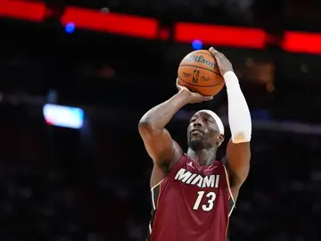 Wizards Heat Basketball Miami Heat center Bam Adebayo shoots a free throw during the second half of an NBA basketball game against the Washington Wizards, Tuesday, March 10, 2026, in Miami. (AP Photo/Rebecca Blackwell)
