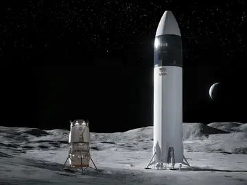Recreación de los módulos de alunizaje de Blue Origin (Blue Moon, izquierda) y SpaceX (Starship HLS, derecha). Recreación de los módulos de alunizaje de Blue Origin (Blue Moon, izquierda) y SpaceX (Starship HLS, derecha).