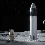 Recreaci&oacute;n de los m&oacute;dulos de alunizaje de Blue Origin (Blue Moon, izquierda) y SpaceX (Starship HLS, derecha).