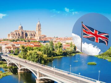 Imagen de Salamanca junto a una bandera del Reino Unido
