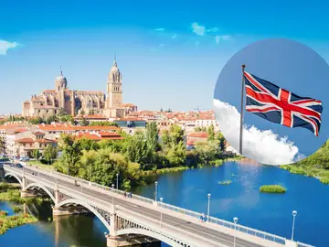 Imagen de Salamanca junto a una bandera del Reino Unido Imagen de Salamanca junto a una bandera del Reino Unido