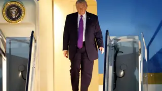 Trump President Donald Trump walks down the stairs of Air Force One upon arrival at Joint Base Andrews, Md., Wednesday, March 11, 2026. (AP Photo/Luis M. Alvarez)