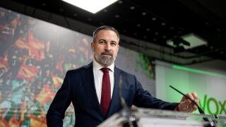 El l&iacute;der de Vox, Santiago Abascal, en una rueda de prensa