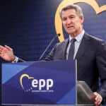 El l&iacute;der del Partido Popular, Alberto N&uacute;&ntilde;ez Feij&oacute;o, en una rueda de prensa en Bruselas