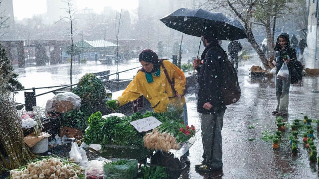 GRAF5512. TEHER&Aacute;N (IR&Aacute;N), 20/03/2026.- Una pareja compra verduras en el bazar de Tajrish en el norte de Teher&aacute;n en el d&iacute;a Noruz, el a&ntilde;o nuevo persa. Miles de iran&iacute;es desafiaron este viernes las bombas y la lluvia y se acercaron al bazar de Tajrish para realizar las compras t&iacute;picas de Noruz -a&ntilde;o nuevo persa- que se celebra hoy en medio de una guerra que se alarga ya por 21 d&iacute;as. EFE/Jaime Le&oacute;n 