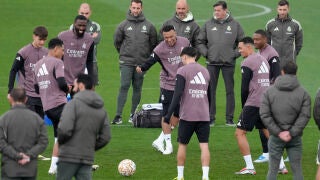 Antonio Rudiger, Kylian Mbappe, Trent Alexander-Arnold and David Alaba during the training day of Real Madrid ahead the Spanish League, LaLiga EA Sports, football match against Atletico de Madrid at Ciudad Deportiva Real Madrid on March 21, 2026, in Valdebebas, Madrid, Spain.AFP7 21/03/2026 ONLY FOR USE IN SPAIN