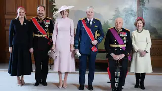 Norway Belgium Royals Norway's King Harald, second right, Queen Sonja, right, Crown Prince Haakon, second left, and Crown Princess Mette-Marit, left, welcome Belgium's King Philippe and Queen Mathilde in the Bird Room at the Royal Palace in Oslo, Tuesday March 24, 2026. (Ole Berg-Rusten/NTB via AP)