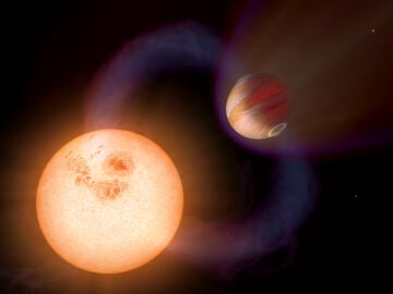 Ilustraci&oacute;nart&iacute;stica de un planeta extrasolar gigante que orbita su estrella en 10,5 horas a 1/130 de la distancia entre la Tierra y el Sol. Fue detectado por el telescopio espacial Hubble por el oscurecimiento estelar y podr&iacute;a tener auroras, llamaradas y una atm&oacute;sfera de 1.650 &deg;C.