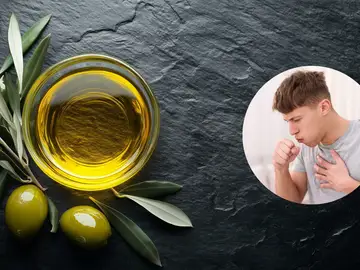 Imagen de archivo de aceite de oliva y una persona tosiendo Imagen de archivo de aceite de oliva y una persona tosiendo