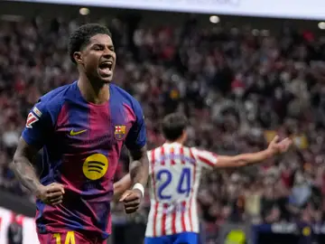 Spain La Liga Soccer Barcelona's Marcus Rashford celebrates after scoring his sides first goal during a La Liga soccer match between Atletico Madrid and Barcelona in Madrid, Spain, Saturday, April 4, 2026. (AP Photo/Bernat Armangue)