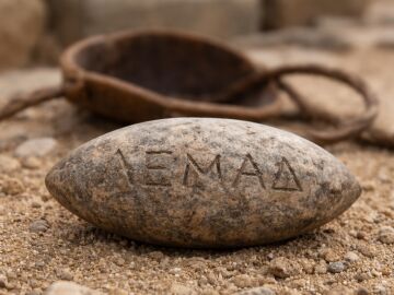 Recreaci&oacute;n del proyectil de honda con la inscripci&oacute;n &ldquo;Aprende&rdquo; hallado en Hippos (Israel)