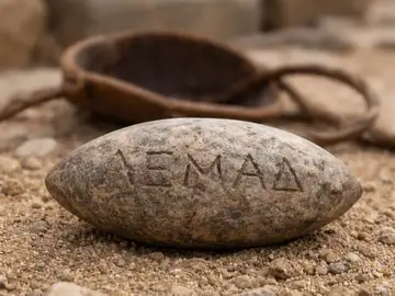 Recreación del proyectil de honda con la inscripción “Aprende” hallado en Hippos (Israel) Recreación del proyectil de honda con la inscripción “Aprende” hallado en Hippos (Israel)