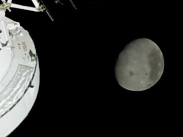 In this image from video provided by NASA, the Moon is seen from a camera outside the Orion Spacecraft after the Artemis II astronauts surpassed the farthest distance ever traveled by humans from Earth, Monday, April 6, 2026. (NASA via AP)