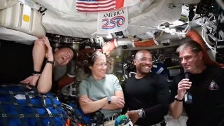 This image from video provided by NASA shows the Artemis II crew, from left, Commander Reid Wiseman, mission specialist Christina Koch, pilot Victor Glover and Canadian astronaut and mission specialist Jeremy Hansen as they answer media questions during a video conference Wednesday, April 8, 2026. (NASA via AP)