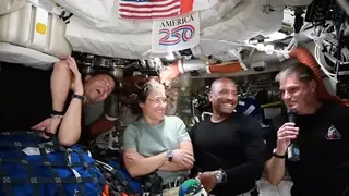 NASA Artemis Moonshot This image from video provided by NASA shows the Artemis II crew, from left, Commander Reid Wiseman, mission specialist Christina Koch, pilot Victor Glover and Canadian astronaut and mission specialist Jeremy Hansen as they answer media questions during a video conference Wednesday, April 8, 2026. (NASA via AP)
