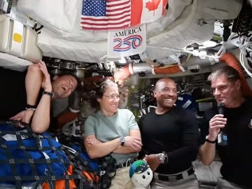 This image from video provided by NASA shows the Artemis II crew, from left, Commander Reid Wiseman, mission specialist Christina Koch, pilot Victor Glover and Canadian astronaut and mission specialist Jeremy Hansen as they answer media questions during a video conference Wednesday, April 8, 2026. (NASA via AP)