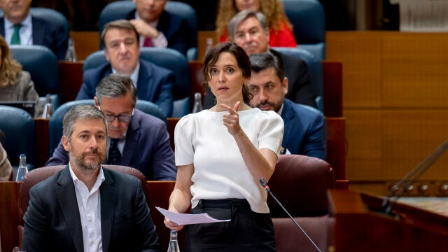 (I-D) El consejero de Presidencia, Miguel &Aacute;ngel Garc&iacute;a Mart&iacute;n, y la presidenta de la Comunidad de Madrid, Isabel D&iacute;az Ayuso, durante el Pleno de la Asamblea de Madrid, a 9 de abril de 2026, en Madrid (Espa&ntilde;a). La Asamblea de Madrid aprueba hoy con la mayor&iacute;a absoluta del PP y por lectura &uacute;nica la ley que permitir&aacute; a la Comunidad ejercer la acci&oacute;n popular en casos en los que se atente contra el patrimonio natural, hist&oacute;rico-art&iacute;stico o se cometan delitos destinados a entorpecer el desarrollo d...