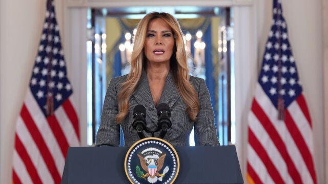 First lady Melania Trump speaks to reporters Thursday, April 9, 2026, in the Grand Foyer of the White House in Washington. (AP Photo/Jacquelyn Martin)