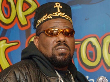 FILE - Hip hop DJ pioneer Afrika Bambaataa speaks at a news conference in New York on Feb. 28, 2006. (AP Photo/Henny Ray Abrams, File)
