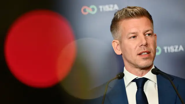 Hungary Election Peter Magyar, leader of the opposition Tisza party, speaks to the media after polls closed, during the Hungarian parliamentary election in Budapest, Hungary, Sunday, April 12, 2026. (AP Photo/Denes Erdos)