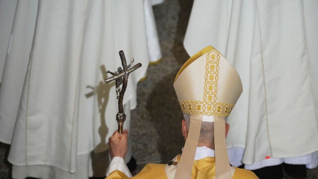 Pope Leo XIV arrives to celebrate a Mass in the Saint Augustine Basilica in Annaba, Algeria, Tuesday, April 14, 2026, on the second day of an 11-day apostolic journey to Africa. (AP Photo/Andrew Medichini)