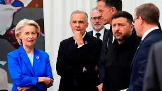 Carney EPC Summit President of the European Commission Ursula von der Leyen, left to right, Canada Prime Minister Mark Carney, Secretary General of NATO Mark Rutte and President of Ukraine Volodymyr Zelenskyy talk prior to a meeting on the situation in Ukraine during the 8th European Political Community Summit in Yerevan, Armenia on Monday, May 4, 2026. (Sean Kilpatrick/The Canadian Press via AP)