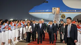 Trump China President Donald Trump walks with China's Vice President Han Zheng during a welcome ceremony Wednesday, May 13, 2026, at Beijing Capital International Airport in Beijing. (AP Photo/Mark Schiefelbein)