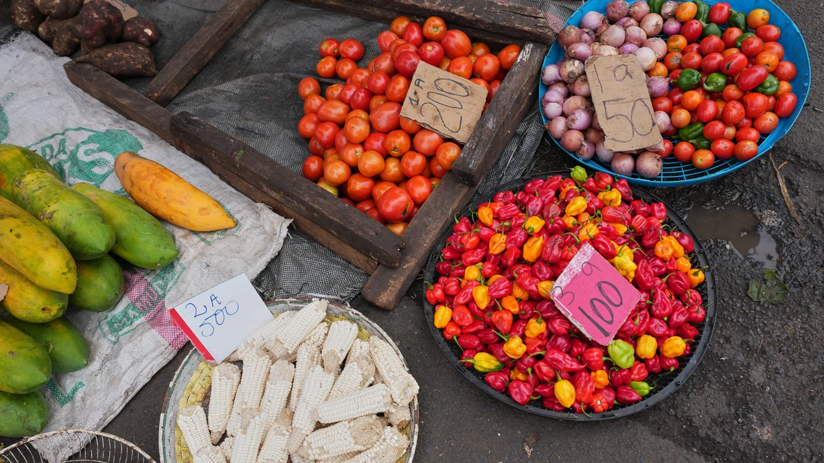 Fruits and vegetables are on sale at a market in Malabo, Equatorial Guinea, Friday, April 24, 2026. (AP Photo/Misper Apawu)