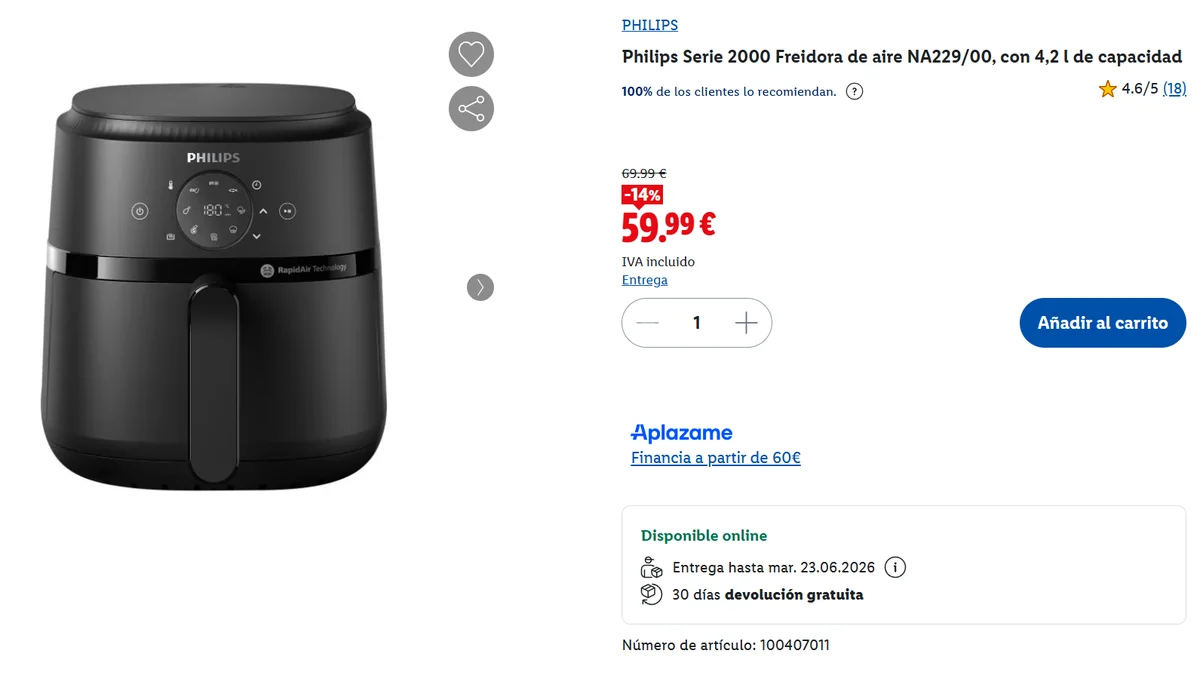 Philips Serie 2000 Freidora de aire NA229/00, con 4,2 l de capacidad