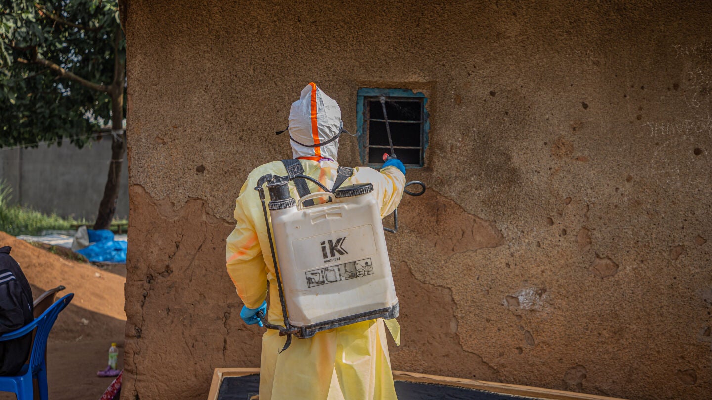 KINSHASA, July 11, 2026 -- A medical worker performs disinfection before burying a deceased person infected with the Ebola virus in Bunia, the capital of Ituri Province in the Democratic Republic of the Congo, July 9, 2026. The Ebola outbreak in the Democratic Republic of the Congo (DRC) remains in a "very active" phase and has yet to peak, health authorities said Thursday. Europa Press/Contacto/Xin Huashefa 09/07/2026 ONLY FOR USE IN SPAIN