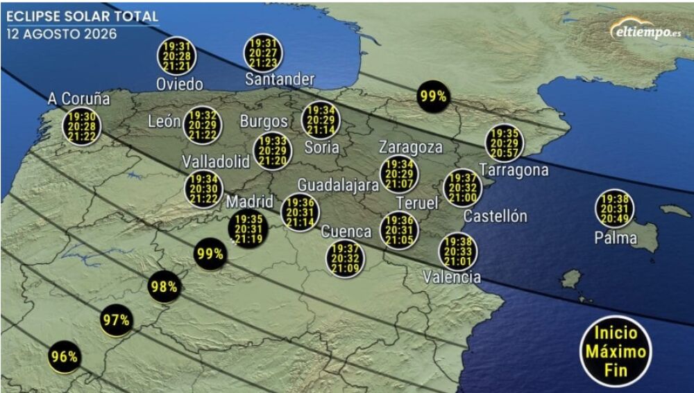 Horas de inicio, máximo y fin del eclipse solar el miércoles 12 de agosto