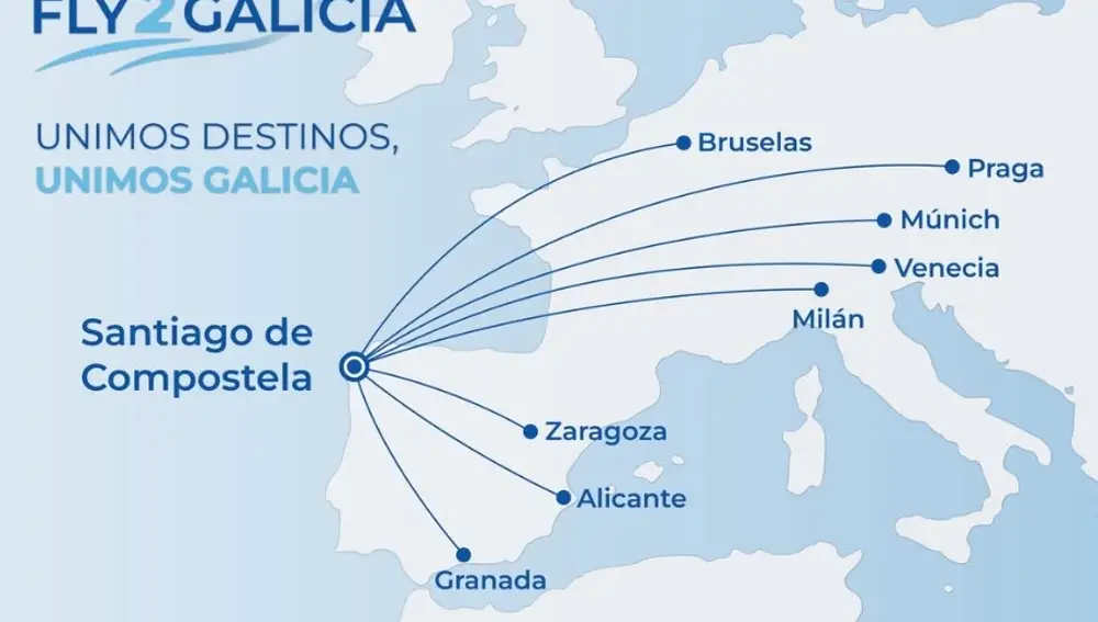 La nueva aerolínea Fly2Galicia se estrenará en diciembre en Santiago con ocho destinos y 17 frecuencias semanales
