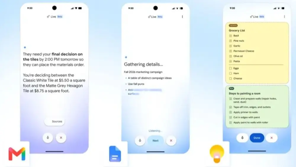 Gemini Live en Gmail, Docs y Keep.