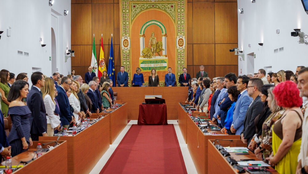 SEVILLA, 16/09/2026.- La presidenta del Parlamento de Andaluc&iacute;a, Ana Mestre, y los diputados y diputadas guardan un minuto de silencio por las v&iacute;ctimas de violencia machista, durante la sesi&oacute;n de control al ejecutivo este mi&eacute;rcoles en el Parlamento de Andaluc&iacute;a en Sevilla.- EFE/ Julio Mu&ntilde;oz
