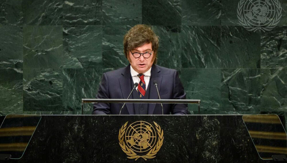 AME9862. NUEVA YORK (ESTADOS UNIDOS), 23/09/2026.- Fotograf&iacute;a cedida por Naciones Unidas que muestra al presidente de Argentina, Javier Milei, hablando ante la Asamblea General de las Naciones Unidas, este mi&eacute;rcoles en Nueva York (Estados Unidos). EFE/ Loey Felipe/ Naciones Unidas /SOLO USO EDITORIAL/ NO VENTAS/ SOLO DISPONIBLE PARA ILUSTRAR LA NOTICIA QUE ACOMPA&Ntilde;A (CR&Eacute;DITO OBLIGATORIO) 