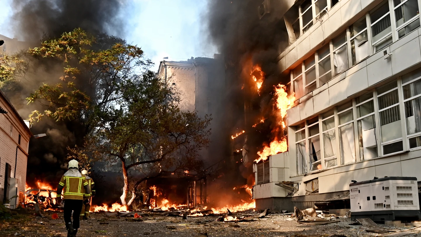 September 28, 2026, Kyiv, Ukraine: Firefighters work at the site of a Russian jet-powered drone strike, amid Russia's attack on Ukraine. The building of the private medical clinic Dobrobut burns following a second Russian drone strike on central Kyiv, approximately one hour after a projectile hit a