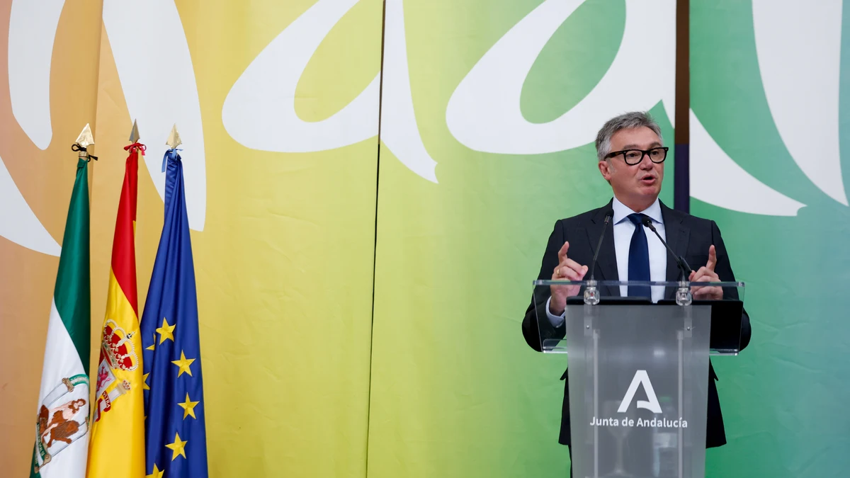 El vicepresidente segundo y consejero de Turismo, Manuel Gavira, este martes durante la presentación de la participación de Andalucía en la World Travel Market, en la sede de Turismo Andaluz en Málaga