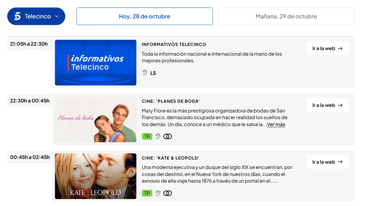 Programación nocturna de Telecinco el 28 de octubre de 2026