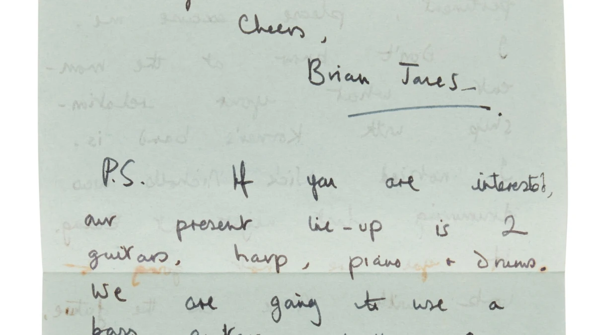 Al final de la carta, Brian Jones le dice a Charlie Watts que su actual batería "es pésimo"