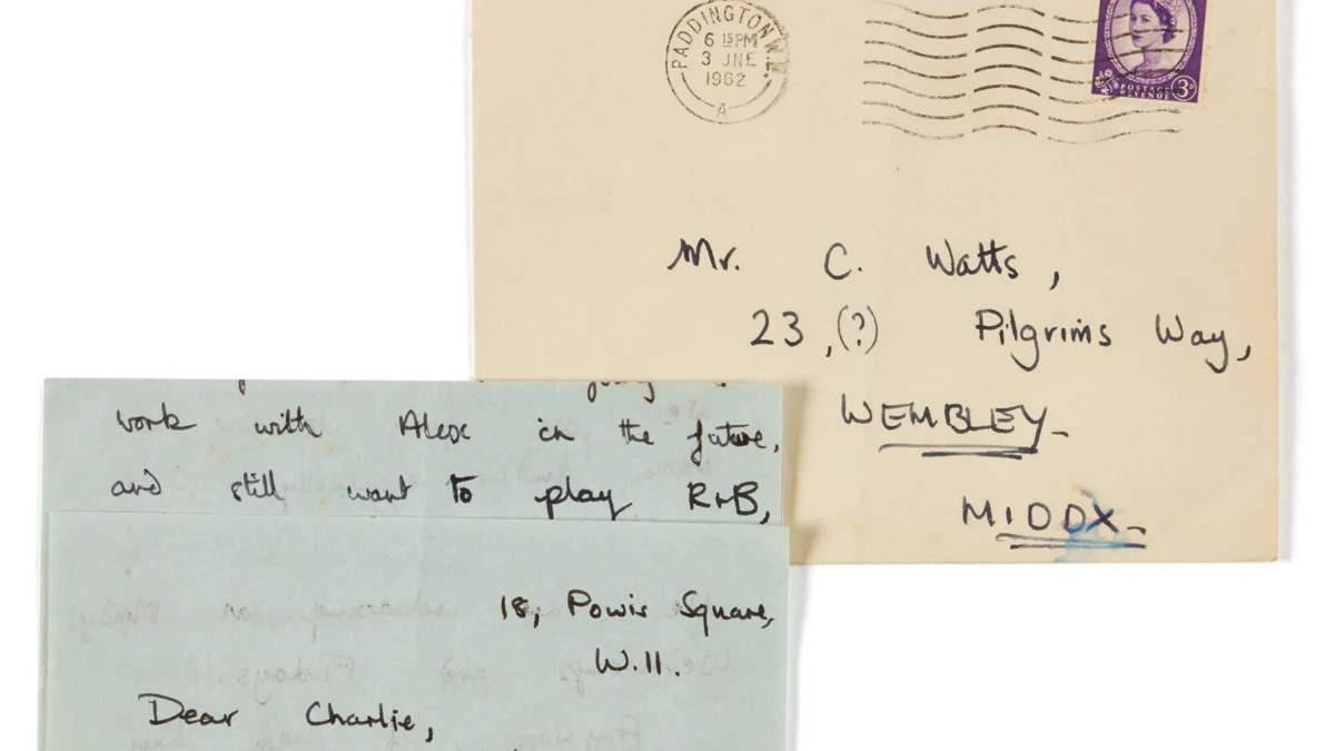 Imagen del sobre y la carta que enviaron a Charlie Watts